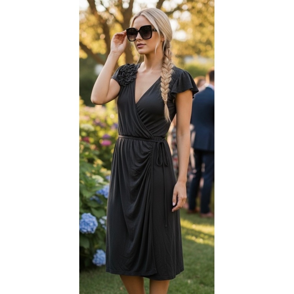 Anthropologie Bailey 44 Charcoal Grey Faux Wrap Midi Dress Floral Applique M